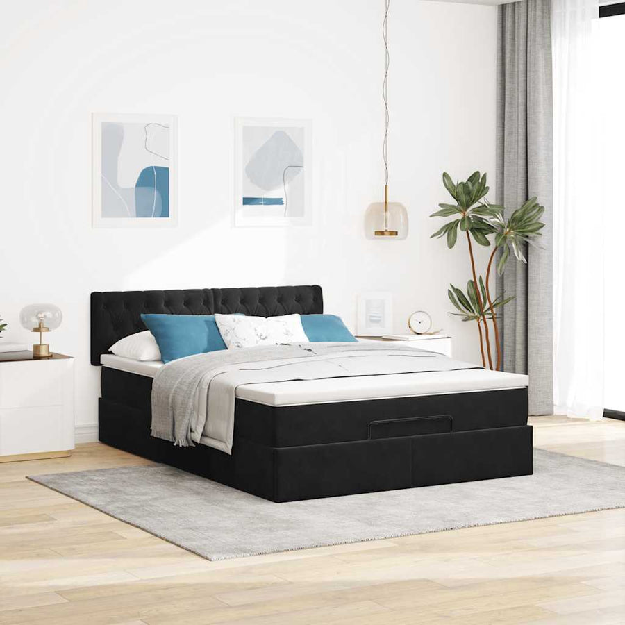 Ottoman Bed Met Matras 140X200Cm Fluweel 140 x 200 cm Zwart