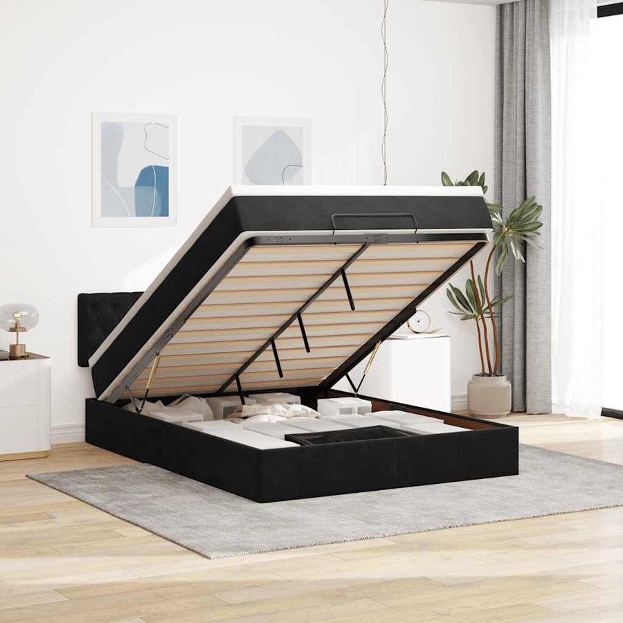 Ottoman Bed Met Matras 140X200Cm Fluweel 140 x 200 cm Zwart