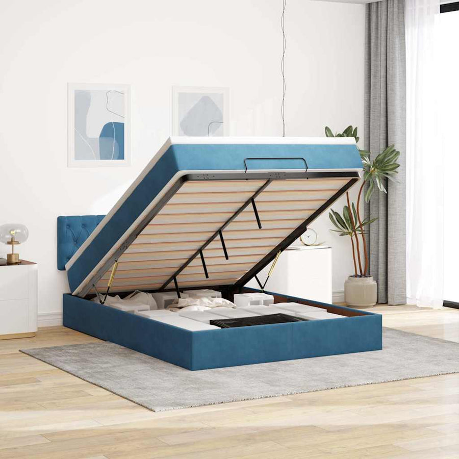 Ottoman bed met matras 140x200cm fluweel donkerblauw