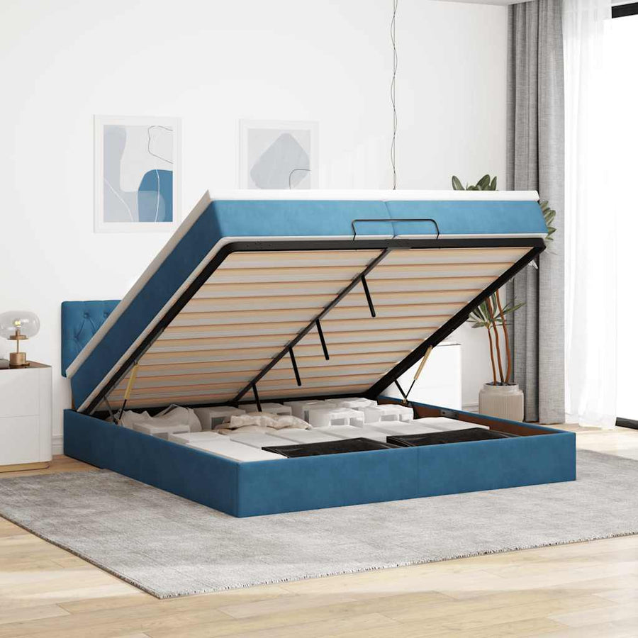Ottoman Bed Met Matras Fluweel 200 x 200 cm Donkerblauw