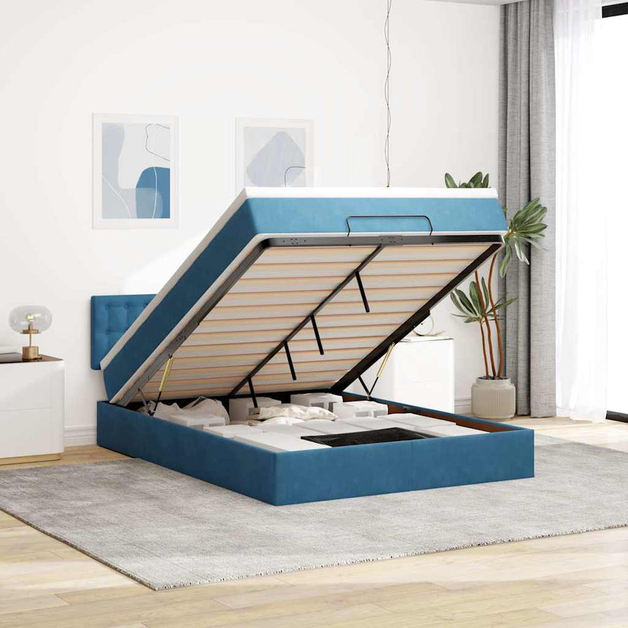 Ottoman bed met matras 140x200cm fluweel donkerblauw