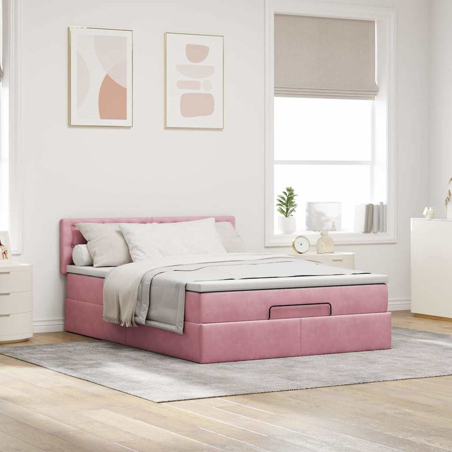 Ottoman bed met matras 140x200cm fluweel roze