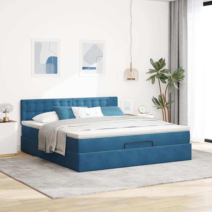 Ottoman Bed Met Matras 160X200Cm Fluweel 160 x 200 cm Donkerblauw
