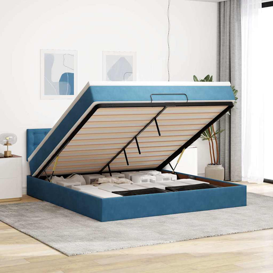 Ottoman Bed Met Matras 160X200Cm Fluweel 160 x 200 cm Donkerblauw