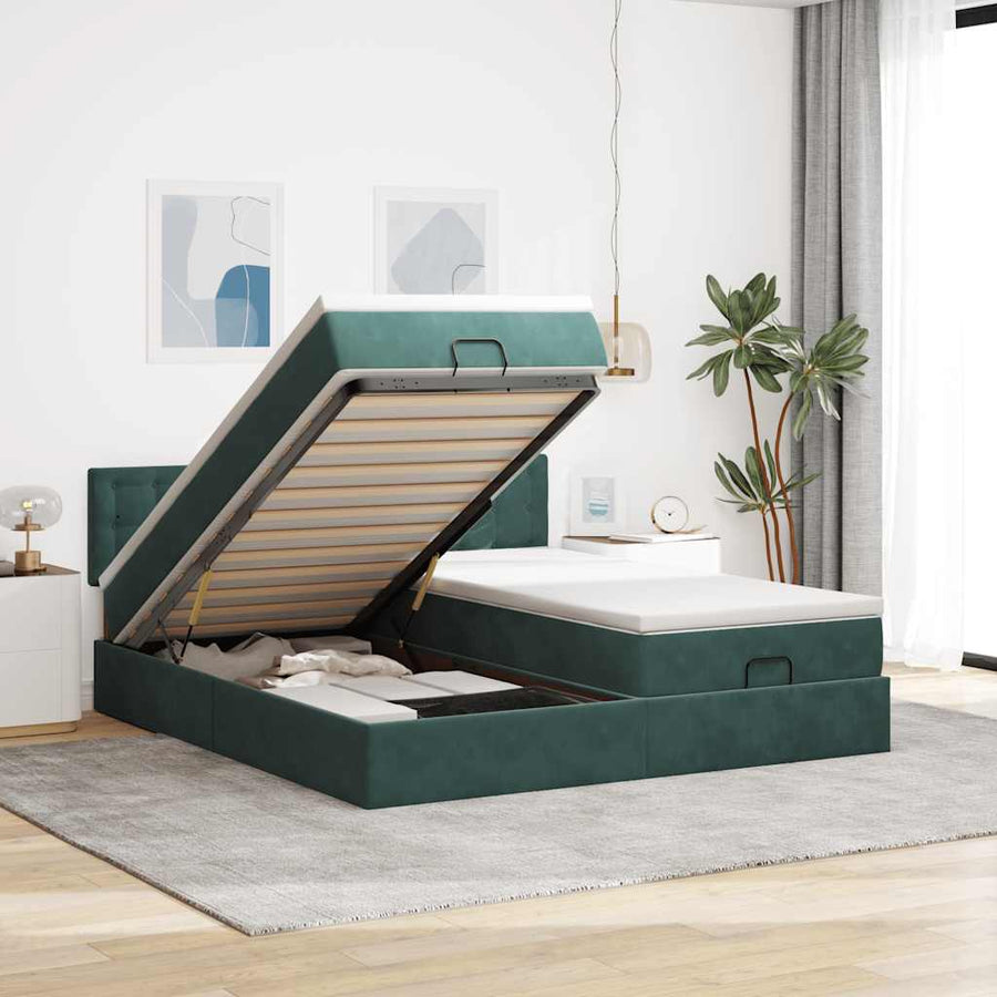 Ottoman Bed Met Matrassen 160X200Cm Fluweel 160 x 200 cm Donkergroen