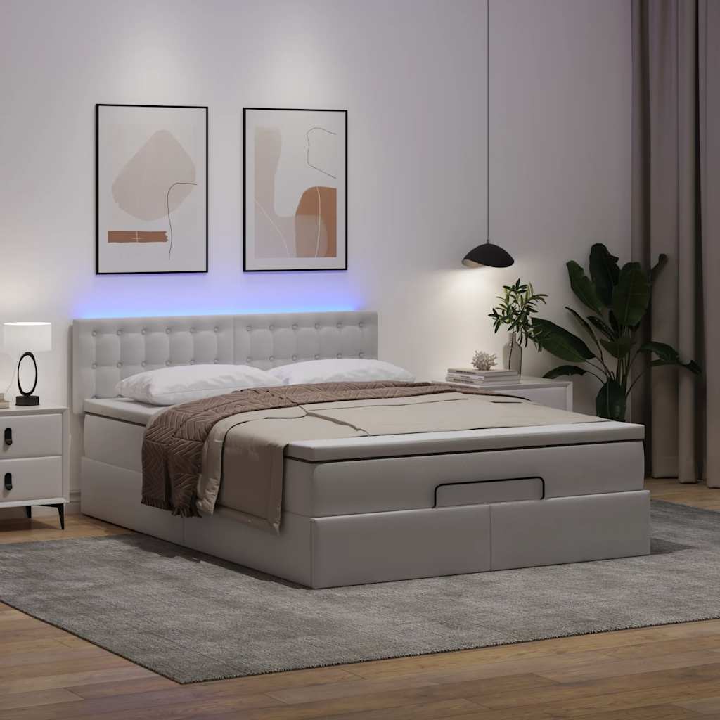 Bed poef met matrassen en LED's 140x190cm kunstleer zuiver wit