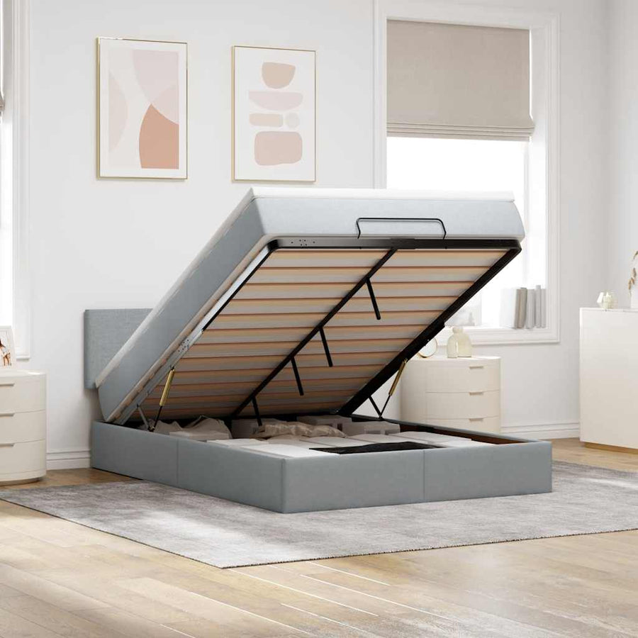 Bed poef met matras en LED's stof 140x190 cm lichtgrijs