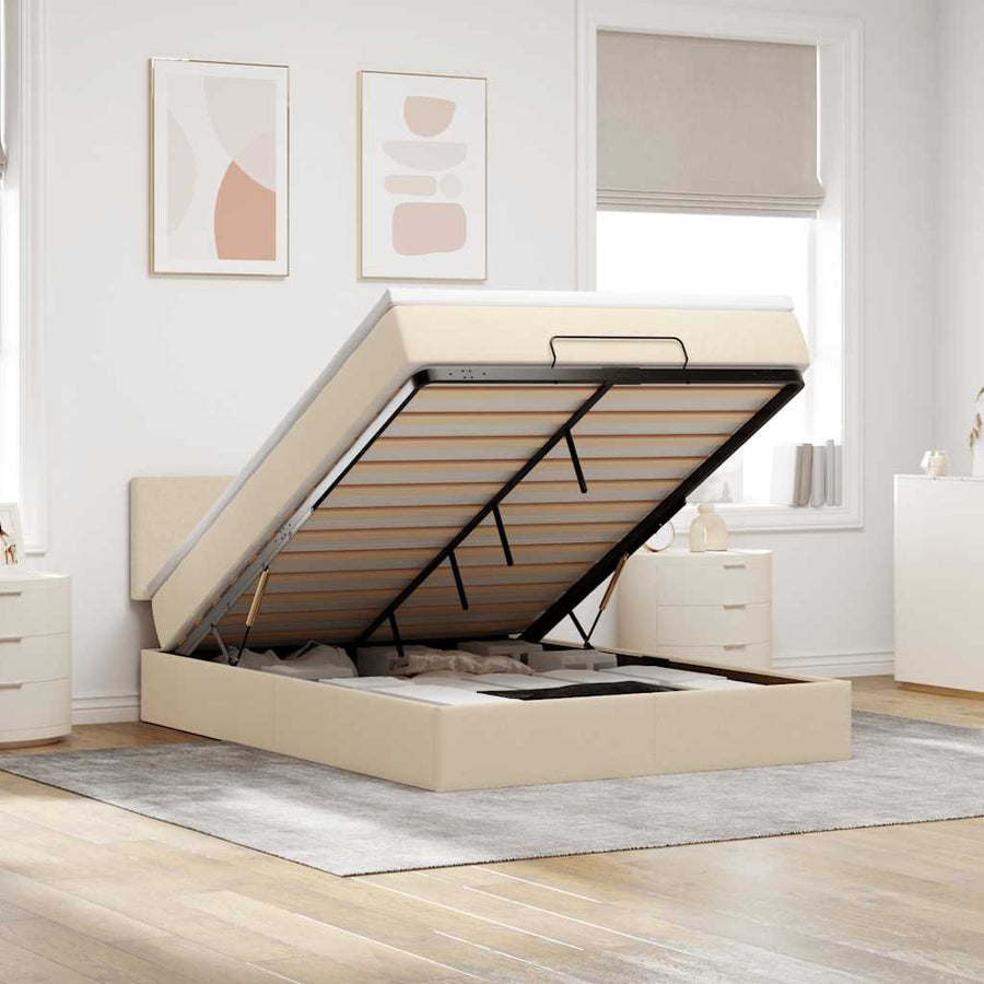 Bed poef met matras en LED's stof 140x190 cm crème