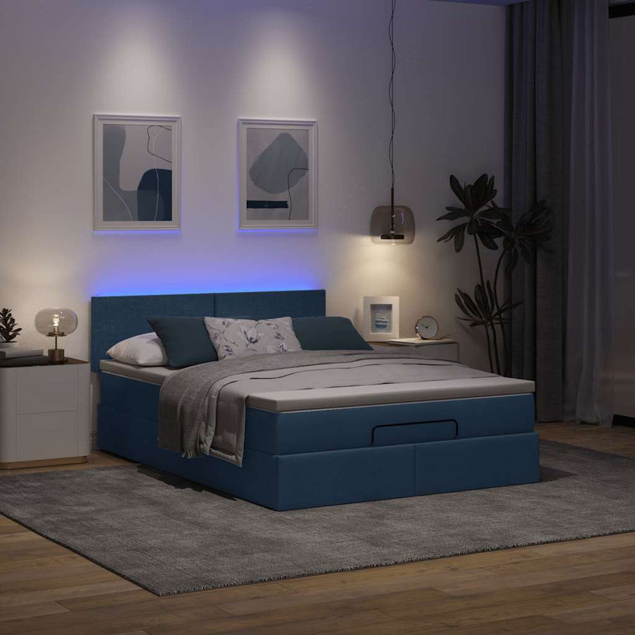 Bed poef met matras en LED's stof 140x190 cm blauw