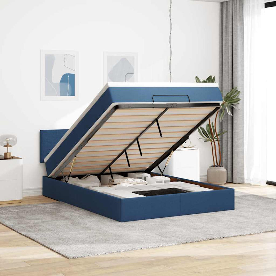 Bed poef met matras en LED's stof 140x190 cm blauw