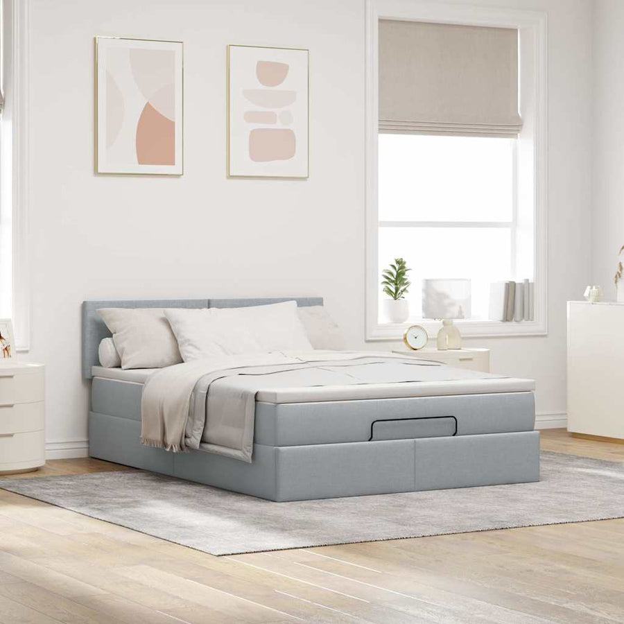 Ottoman bed met matras en LED's 140x200cm stof lichtgrijs