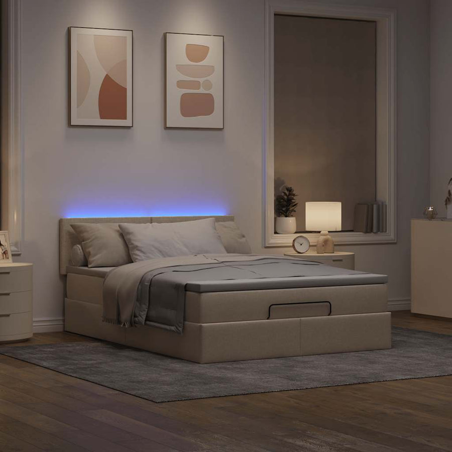 Ottoman bed met matras en LED's 140x200 cm stof crèmekleurig
