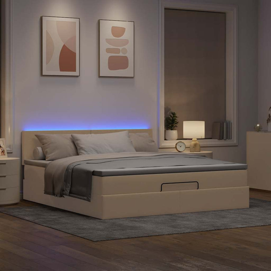 Ottoman bed met matras en LED's 160x200cm stof crèmekleurig