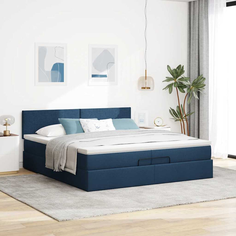 Ottoman bed met matrassen en LED's 200x200cm stof blauw