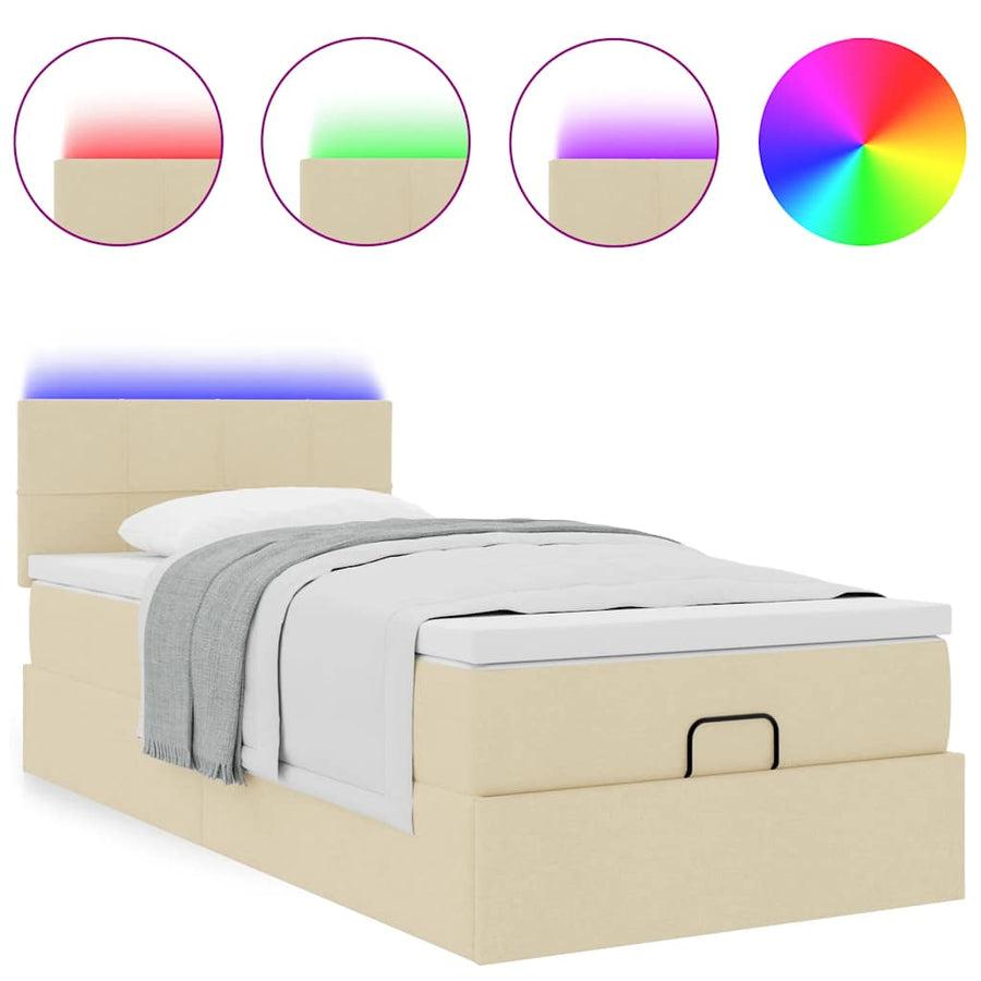 Ottoman bed met matras en LED's 90x200 cm stof crèmekleurig