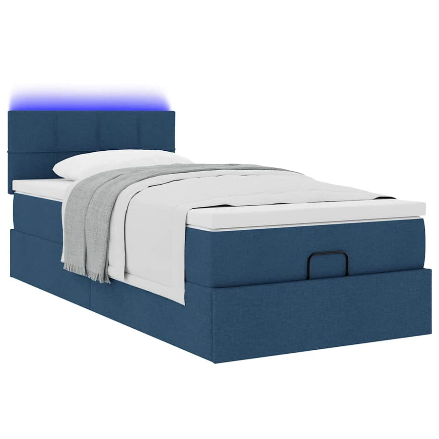 Ottoman bed met matras en LED's 90x200 cm stof blauw