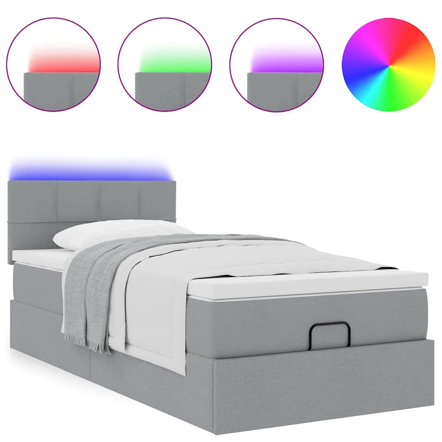 Ottoman bed met matras en LED's 100x200 cm stof lichtgrijs