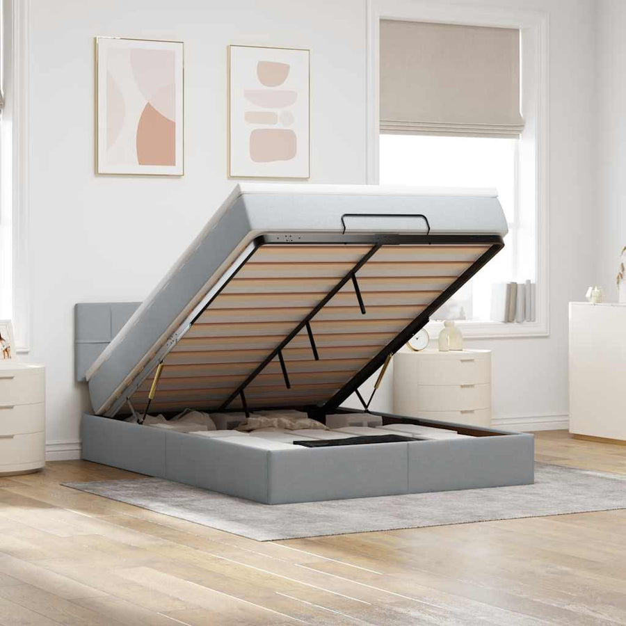 Bed poef met matras en LED's stof 140x190 cm lichtgrijs