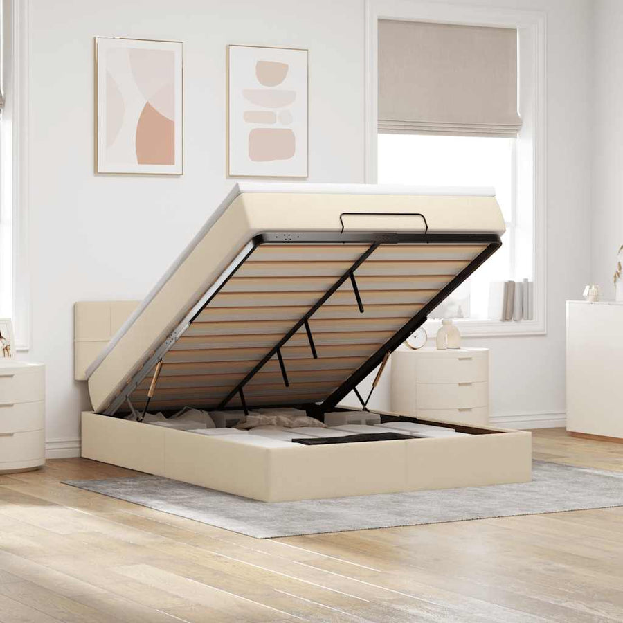 Bed poef met matras en LED's stof 140x190 cm crème