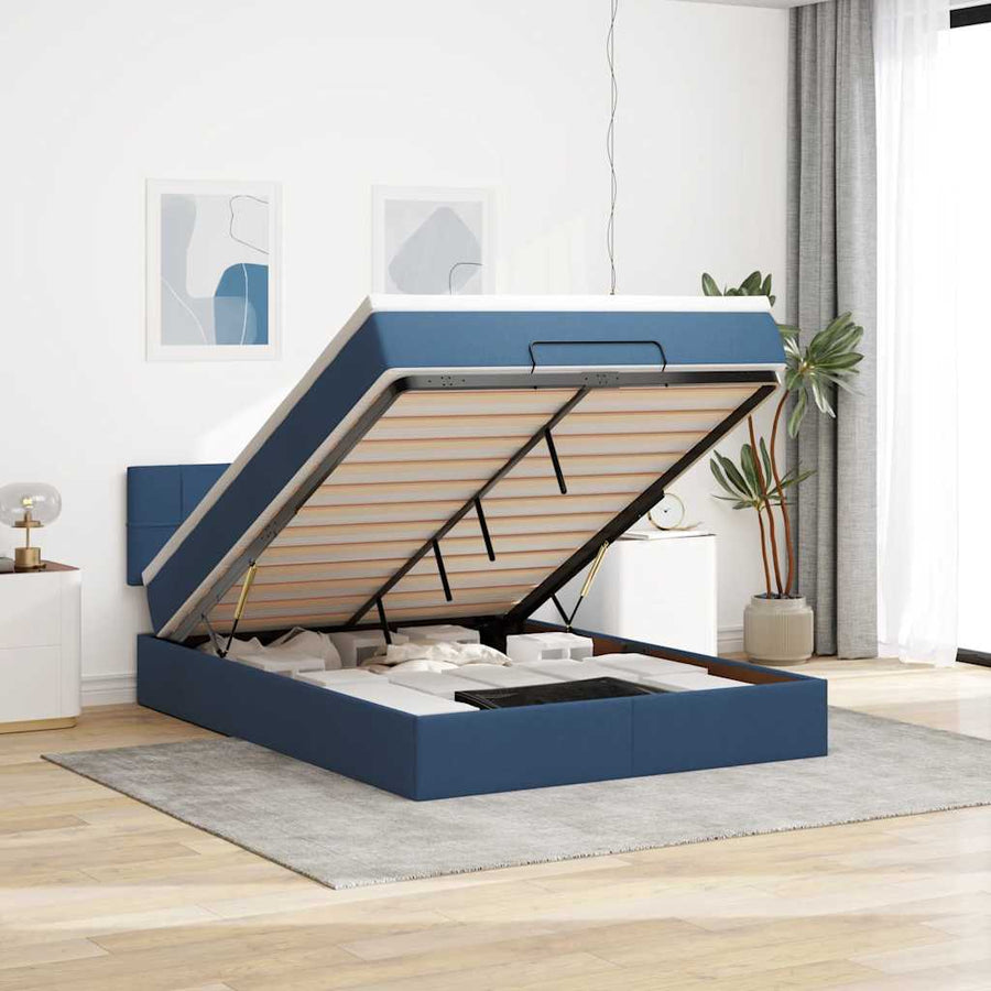 Bed poef met matras en LED's stof 140x190 cm blauw
