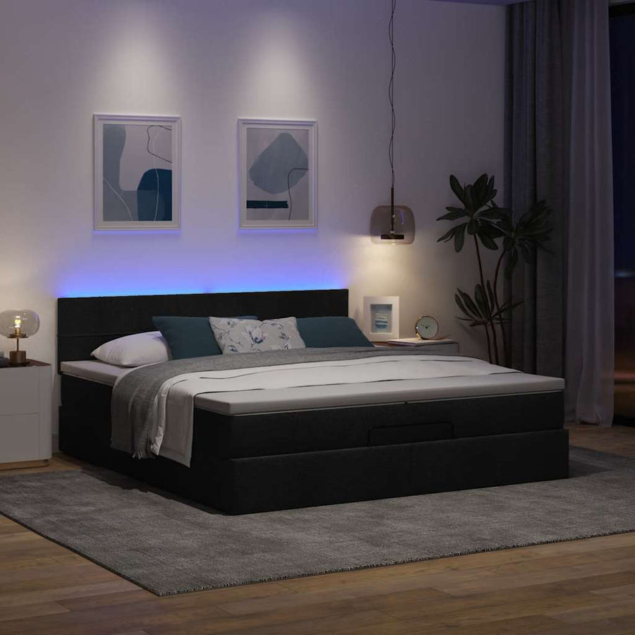 Ottoman bed met matrassen en LED's 200x200cm stof zwart