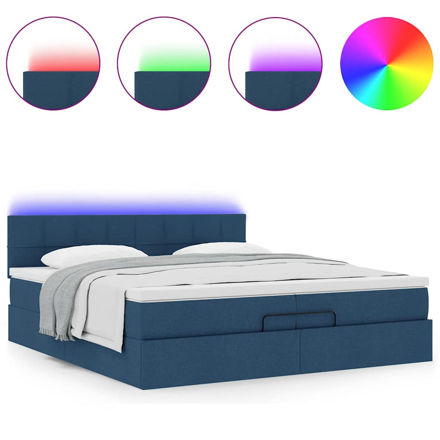 Ottoman bed met matrassen en LED's 200x200cm stof blauw