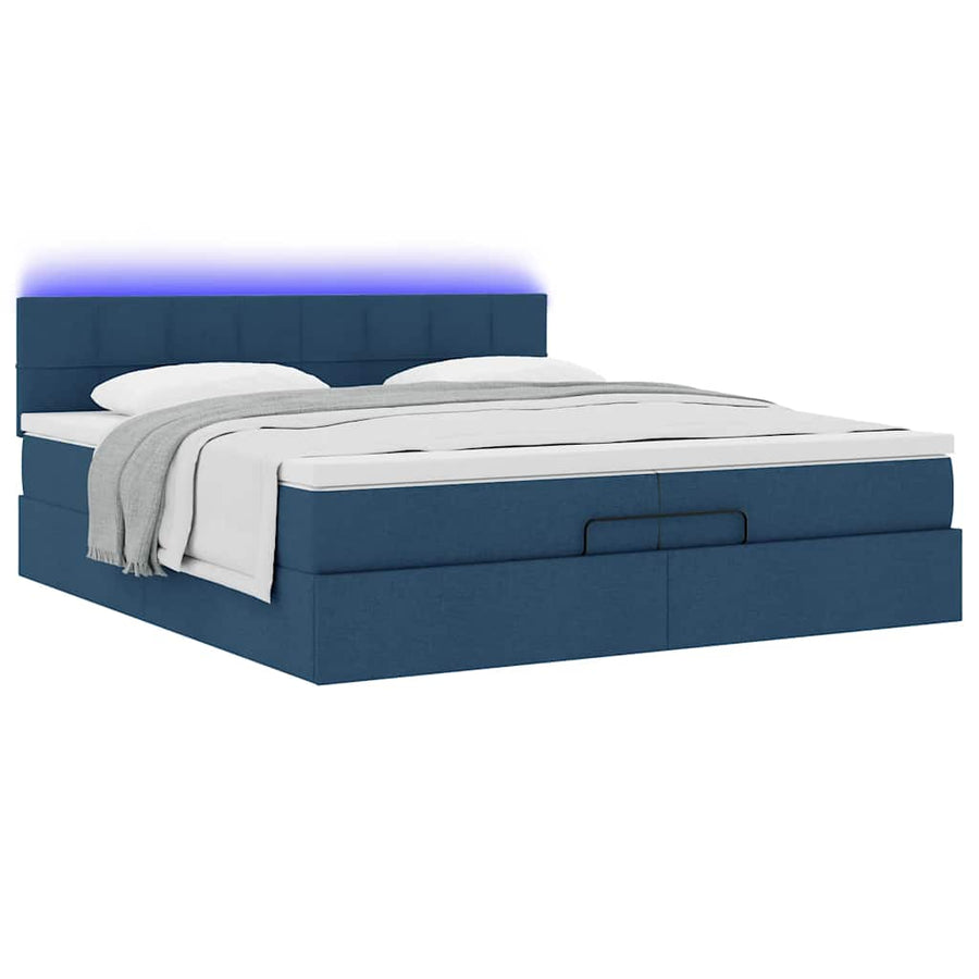Ottoman bed met matrassen en LED's 200x200cm stof blauw