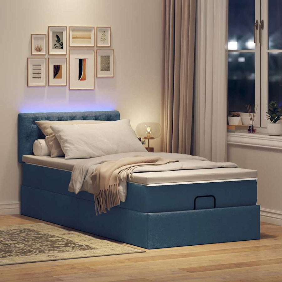 Ottoman bed met matras en LED's 90x190cm stof blauw