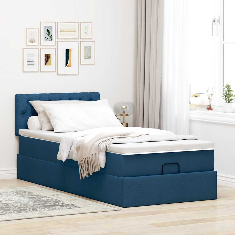 Ottoman bed met matras en LED's 90x200 cm stof blauw