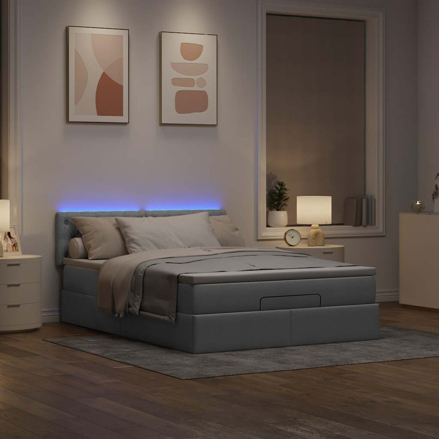 Bed poef met matras en LED's stof 140x190 cm lichtgrijs