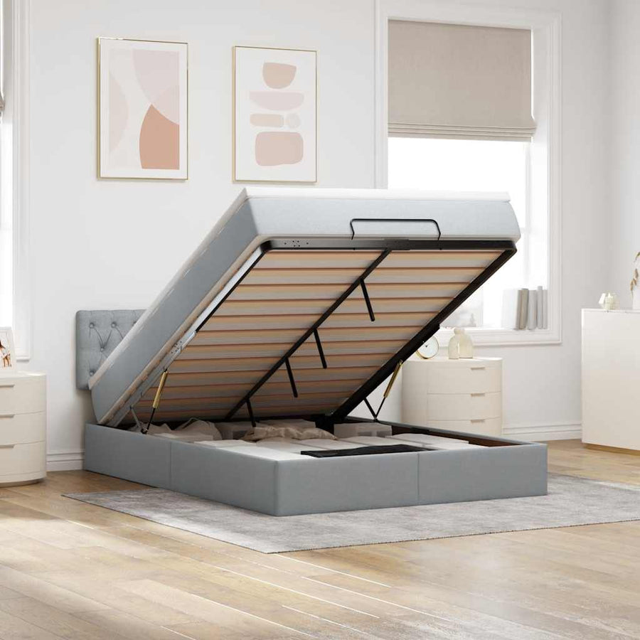 Bed poef met matras en LED's stof 140x190 cm lichtgrijs