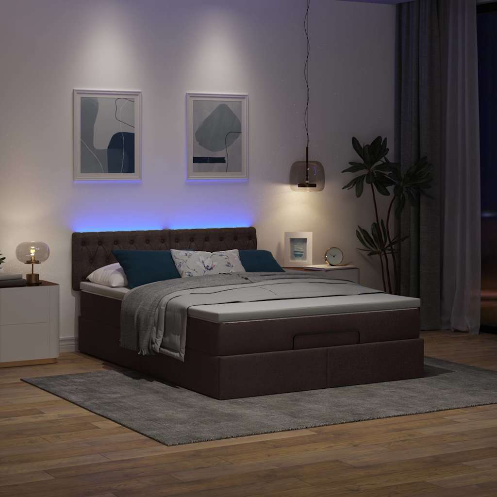 Bed poef met matras en LED's 140x190 cm stof donkerbruin