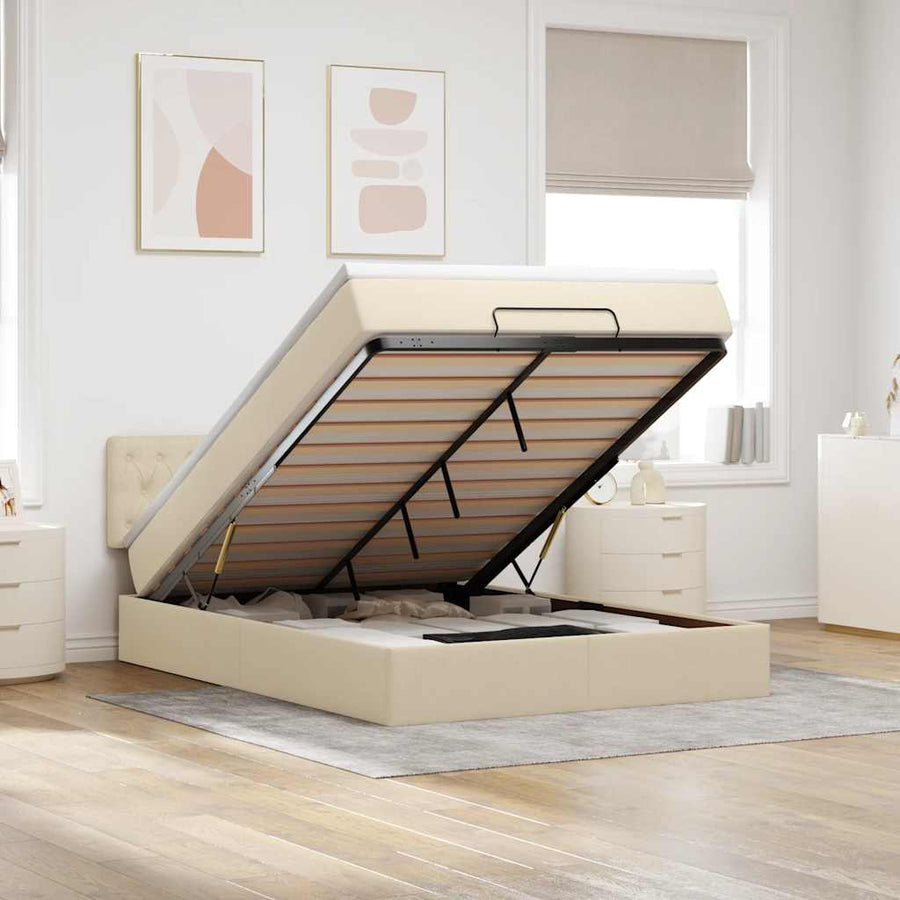 Bed poef met matras en LED's stof 140x190 cm crème