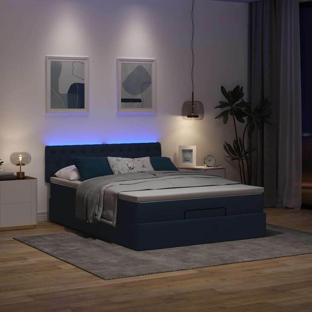 Bed poef met matras en LED's stof 140x190 cm blauw