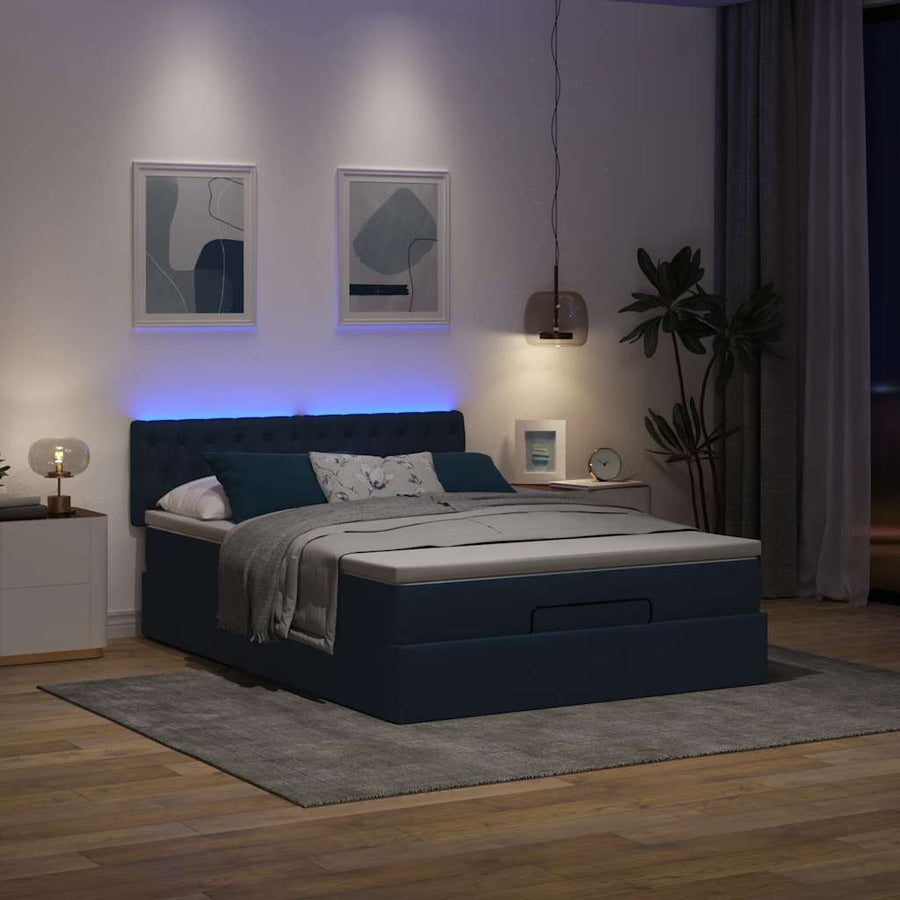 Bed poef met matras en LED's stof 140x190 cm blauw