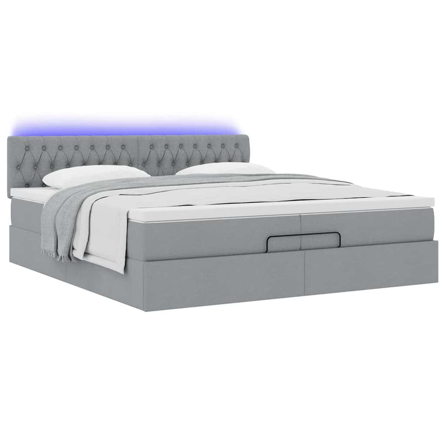 Ottoman bed met matrassen en LED's 200x200cm stof lichtgrijs