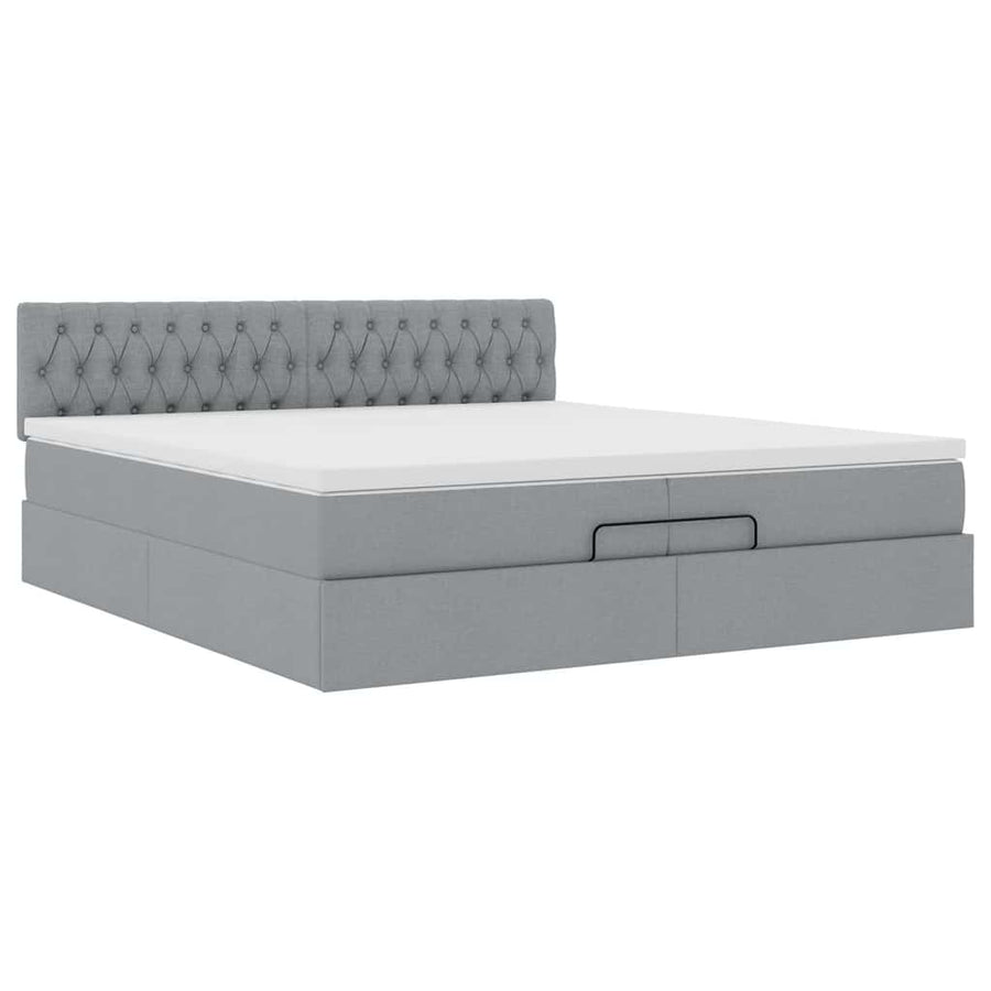Ottoman bed met matrassen en LED's 200x200cm stof lichtgrijs