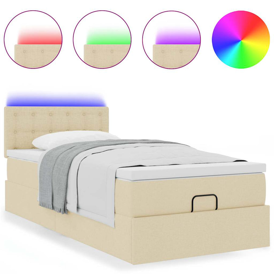 Ottoman bed met matras en LED's 90x200 cm stof crèmekleurig