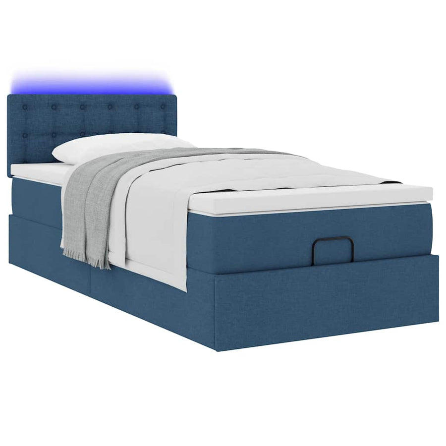 Ottoman bed met matras en LED's 90x200 cm stof blauw