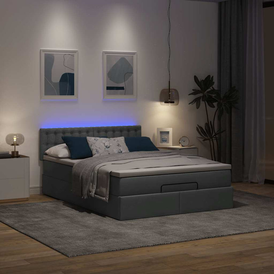 Bed poef met matras en LED's stof 140x190 cm donkergrijs