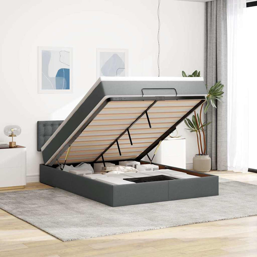 Bed poef met matras en LED's stof 140x190 cm donkergrijs