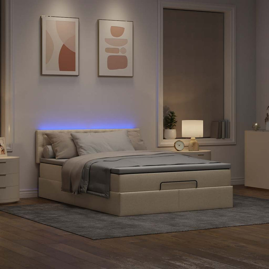 Bed poef met matras en LED's stof 140x190 cm crème