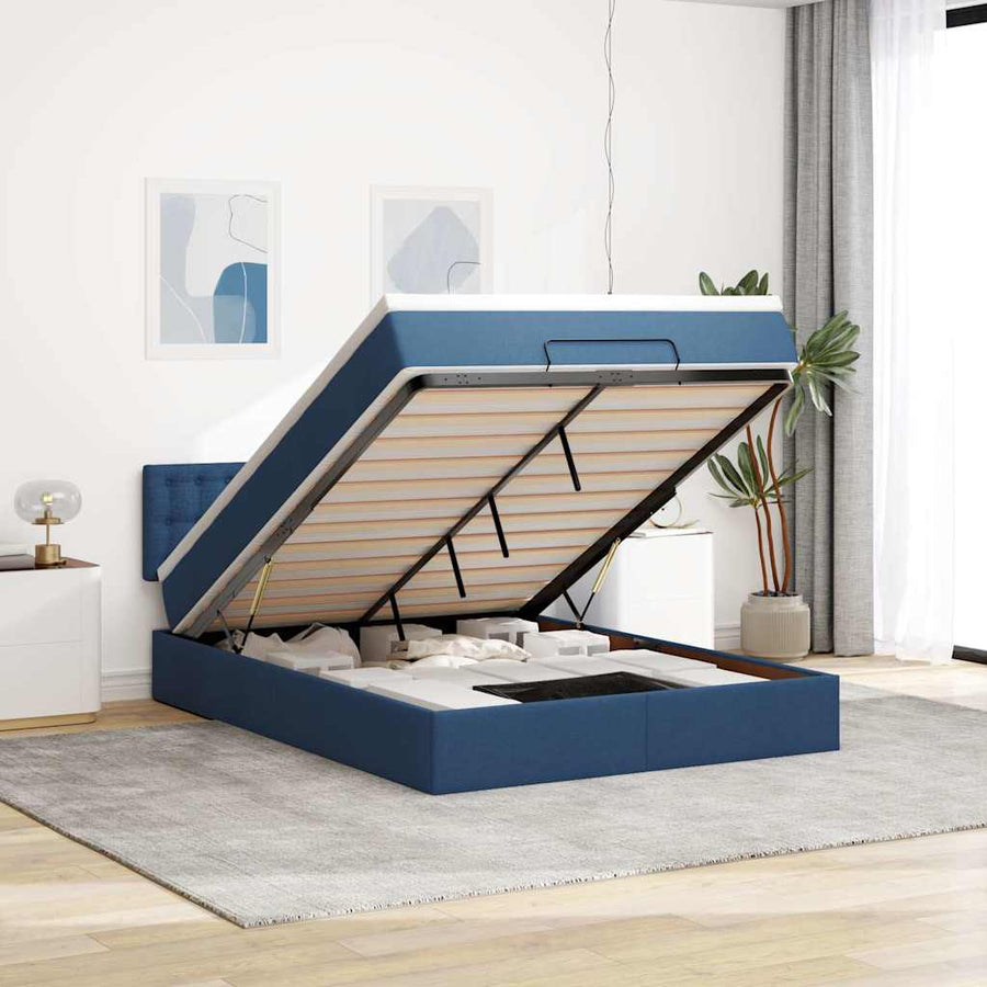 Bed poef met matras en LED's stof 140x190 cm blauw
