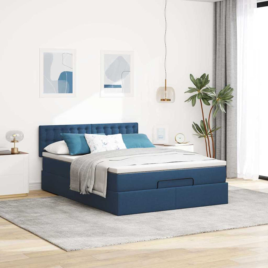 Ottoman bed met matras en LED's 140x200cm stof blauw