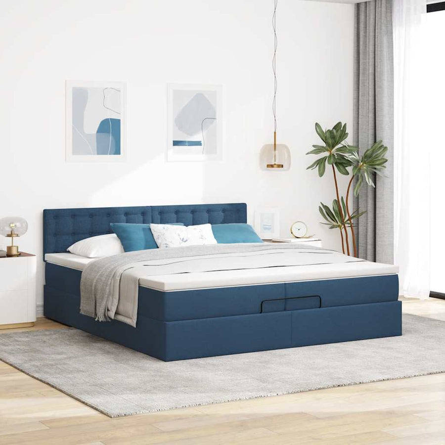Ottoman bed met matrassen en LED's 200x200cm stof blauw