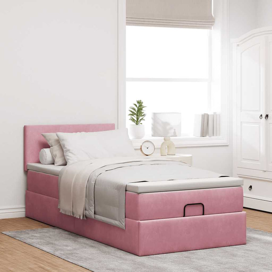 Ottoman bed met matras en LED's 90x200cm fluweel roze