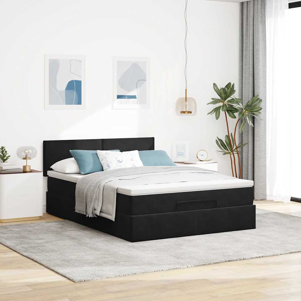 Ottoman Bed Met Matras En Led's 140X200Cm Fluweel 140 x 200 cm Zwart