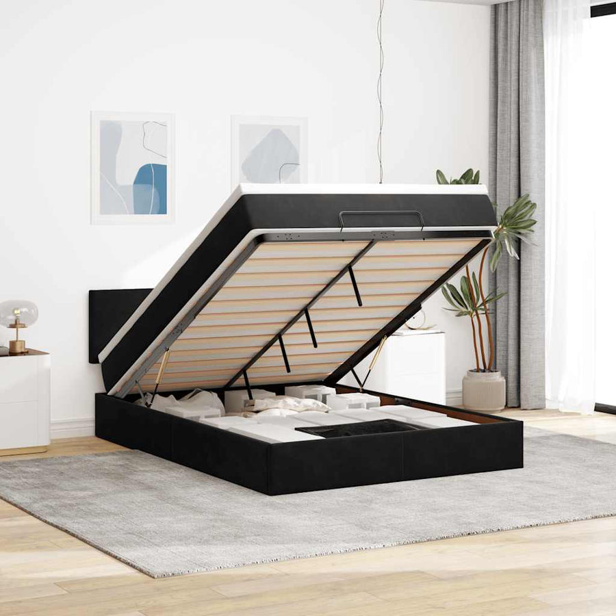 Ottoman Bed Met Matras En Led's 140X200Cm Fluweel 140 x 200 cm Zwart