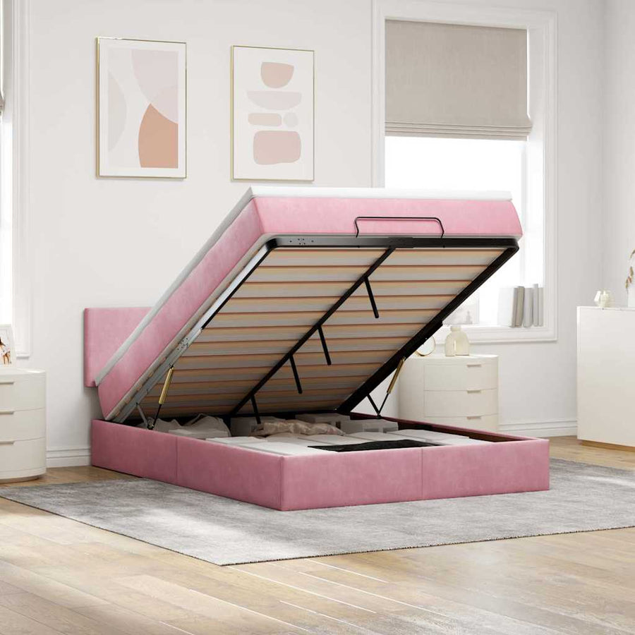 Ottoman bed met matras en LED's 140x200cm fluweel roze