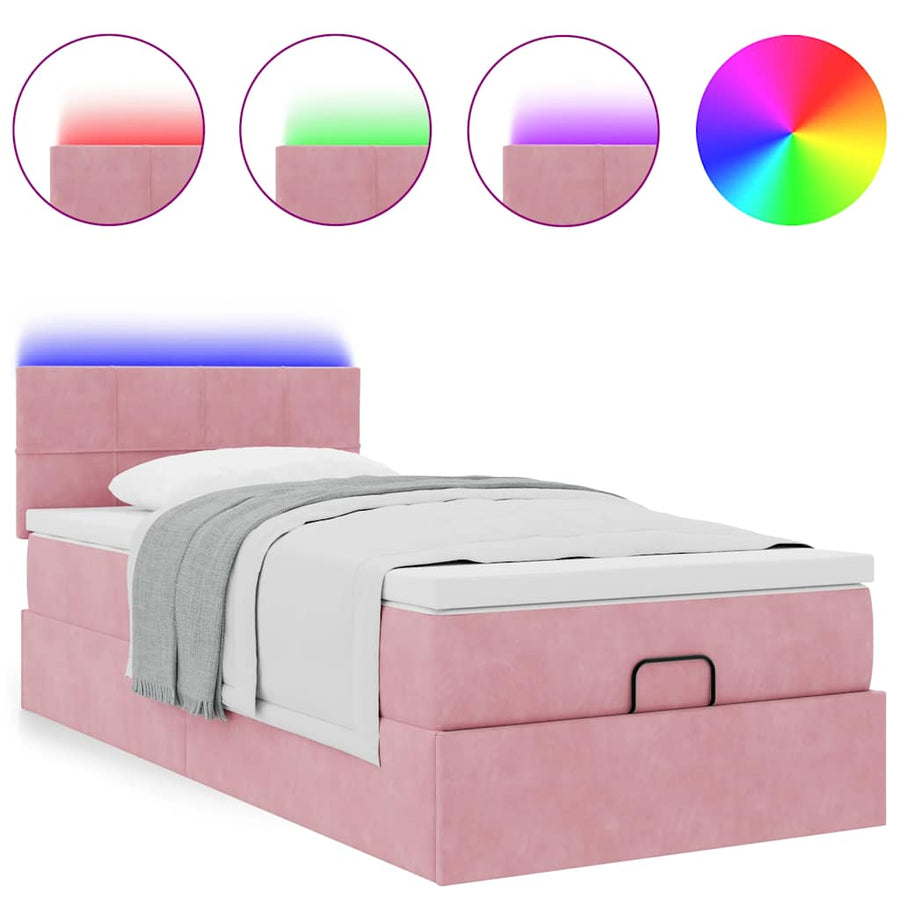 Ottoman bed met matras en LED's 90x200cm fluweel roze